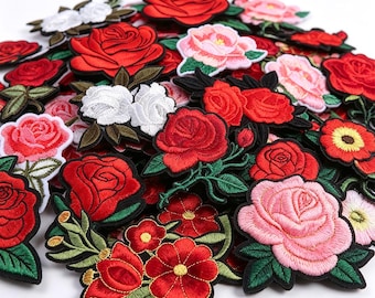 20 parches termoadhesivos bordados de flores rojas, apliques florales vintage para ropa o vestidos.