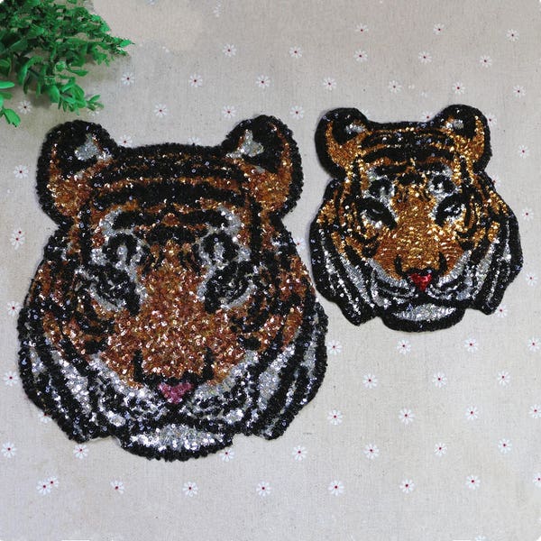 Große Tiger-Kopf Pailletten Applikation Patch, Pailletten-Patch, Pailletten Tiger Patch liefert für Mantel, T-Shirt, Kostüm dekorative Patches