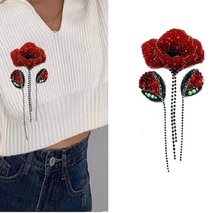 A set (3 Pieces) Red Flowers Embroidery Beaded Appliques Patches,Rhinestone Flower Patch Supplies for Coat,T-Shirt,Costume Appliques Patches