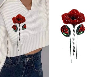 A set (3 Pieces) Red Flowers Embroidery Beaded Appliques Patches,Rhinestone Flower Patch Supplies for Coat,T-Shirt,Costume Appliques Patches