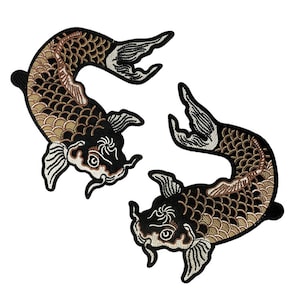 May include: Two black and gold embroidered iron-on patches of koi fish. The fish are swimming in opposite directions.