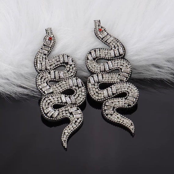 A Pair of Silver Snake Embroidery Sequined Beaded Applique