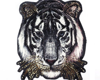 Gold or Silver Large Tiger Head Embroidery Sequined Applique Patch,Sequins Patch Supplies for Coat,T-Shirt,Jeans Decorative Applique Patches