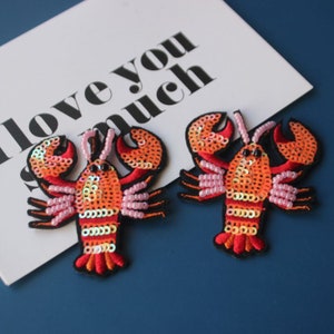 2 Pieces Sequined Lobster Applique Patch,Sequins Lobster Patch Supplies for Coat,T-Shirt,Costume Decorative Appliques Patches