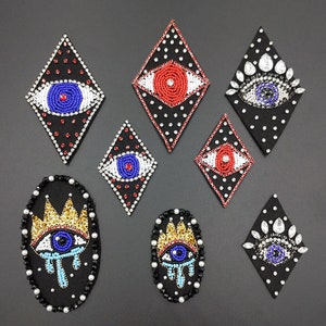 Eye Embroidery Beaded Applique Patch,Rhinestone Eyes Patch Supplies for Coat,T-Shirt,Costume Decorative Appliques Patches