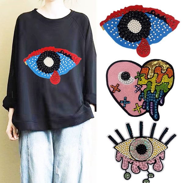 Colorful Embroidery Beaded Eye Sequined Applique Patch,Rhinestone Eyes Patch Supplies for Coat,T-Shirt,Costume Decorative Appliques Patch