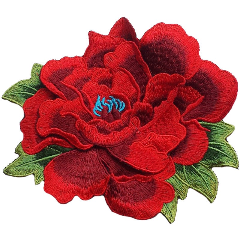 Costura de bordado de apliques de flores de rosas rojas en parches Costura de bordado de apliques de flores de rosas rojas en parches