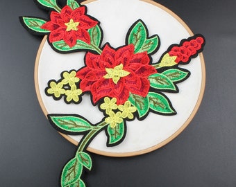 Delicate Embroidered Red Flower Applique Patch,Vintage Floral Patch for Clothing or Dress Decorative Embroidery Appliques