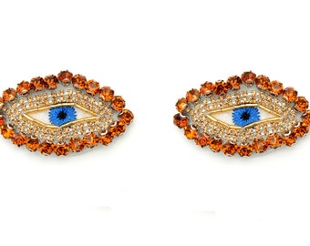 A Pair of Embroidery Beaded Eye Sequined Applique Patch,Rhinestone Eyes Patch Supplies for Coat,T-Shirt,Costume Decorative Appliques Patch
