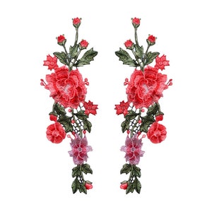 A Pair of Embroidered Red Flower Applique Patch,Vintage Floral Accessories Patch for Clothing or Dress,Decorations Embroidery Appliques