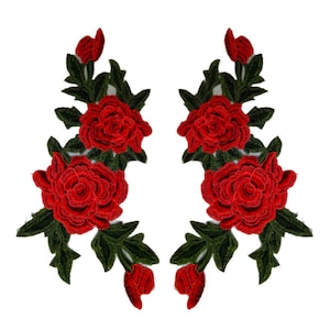A Pair Embroidered Red Floral Applique Patches,Vintage Flower Patch for Clothing or Dress,Decorative Embroidery Appliques