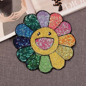 Large Smile Sequined Embroidery Applique Patch,Sequins Flower Patch Supplies for Coat,T-Shirt,Costume Decorative Appliques Patches