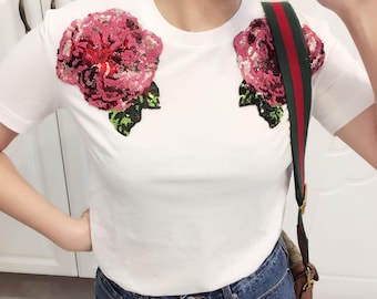 A Pair Sequined Flower Applique Patches,Sequin Florals,Vintage Floral Sequins Patch Supplies for T-Shirt,Jeans,Dress Decorative Appliques