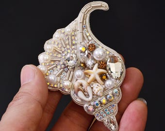Parche de aplique de caracol marino con lentejuelas y pedrería, bordado delicado. Parche de estrella de mar con cuentas para abrigos, camisetas y disfraces.