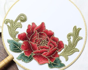 Delicados parches bordados de flores rojas, parches vintage de peonías bordadas para ropa o vestidos, apliques decorativos.