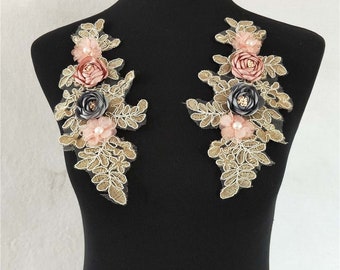 A Pair of Embroidered 3D Flower Applique Patch,Vintage Floral Accessories Patch for Clothing or Dress,Decorations Embroidery Appliques