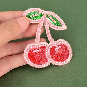 Cherry Beaded Embroidery Sequined Applique Patch,Beaded Cherry Patch Supplies for Coat,T-Shirt,Costume Decorative Appliques Patches