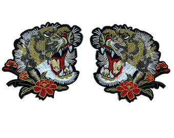 A Pair of Embroidered Tiger Iron on Applique Patch,Vintage Tiger Head Patch for Clothing or Jeans Decoration Embroidery Appliques Patches