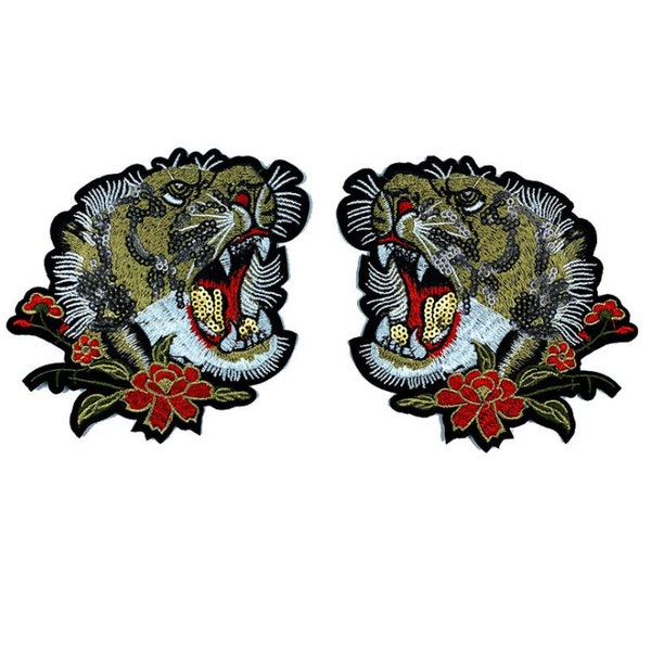 A Pair of Embroidered Tiger Iron on Applique Patch,Vintage Tiger Head Patch for Clothing or Jeans Decoration Embroidery Appliques Patches