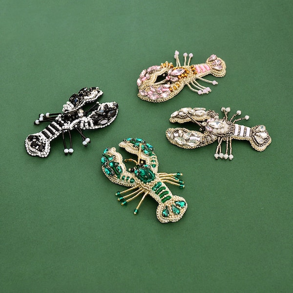 Parche de aplique con lentejuelas y diamantes de imitación con bordado de langosta delicado, suministros de parches con cuentas para abrigos, camisetas y disfraces.