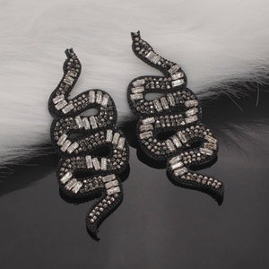 May include: A pair of black snake-shaped earrings with clear rhinestone embellishments.