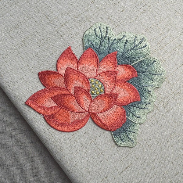Delicate Embroidered Red Lotus Flower Applique Patch,Vintage Floral Patch for Clothing or Dress, Decorative Embroidery Applique