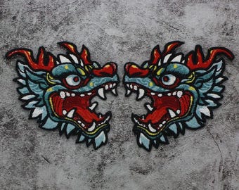A Pair of Embroidered Dragon Applique Patch,Vintage Dragon Head Patch for Clothing or Jeans Decoration Embroidery Appliques Patches