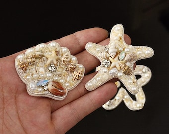 Delicate Embroidery Rhinestone Starfish Sequined Applique Patch,Beaded Shell Patch Supplies for Coat,T-Shirt,Costume Decorative Patches
