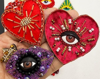 Varios parches de aplique con bordado de ojos y diamantes de imitación, suministros para parches de corazón con cuentas para abrigos, camisetas y disfraces.