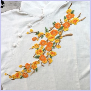 Delicado parche bordado de flor naranja, parche floral vintage para ropa o vestido, apliques bordados decorativos.
