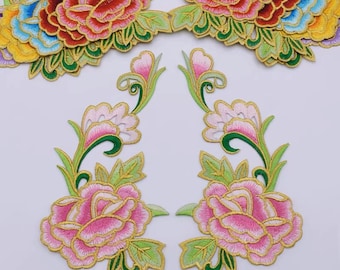 A Pair Embroidered Colorful Flower Iron on Applique Patch,Vintage Floral Patch for Clothing or Dress Decoration Appliques