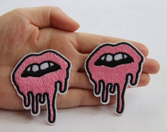 2 pieces Pink Mouths Embroidery Iron On Applique Patch,Embroideried Mouths Patch Supplies for Coat,T-Shirt,Jeans,Decorative Iron on Patches