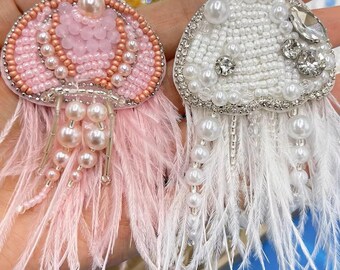 Jellyfish Embroidery Rhinestone Applique Patch,Beaded Feather Jellyfish Patch Supplies for Coat,T-Shirt,Costume Decorative Appliques Patches