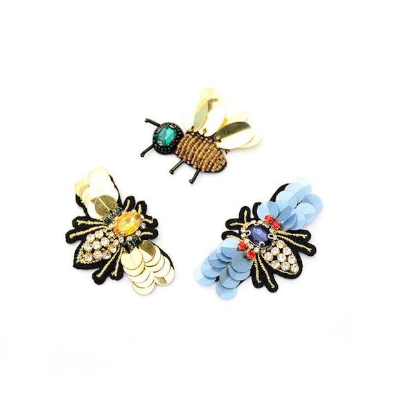 3-Piece Beaded Crystal Insect Patches - Rhinestone Bee Appliques For Sewing On Clothes, Shoes