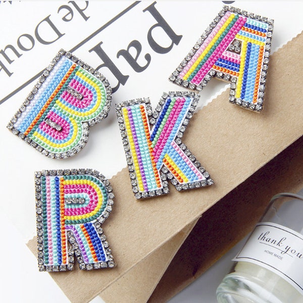Delicate Colorful Rhinestone Embroidery Letter Applique Patch,Crystal Alphabet Supplies for Coat or T-Shirt Embroidered Letters Patches