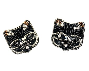 2 Pieces Embroidery Beaded Cat Head Sequined Applique Patch,Beaded Cat Patch Supplies for Coat,T-Shirt,Costume Decorative Appliques Patch