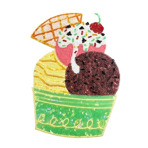 May include: A colourful embroidered patch of a triple scoop ice cream cone with a cherry on top. The ice cream is yellow, pink, and brown with chocolate sprinkles and a waffle cone.