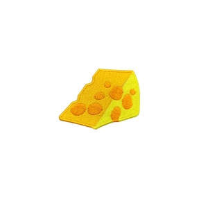May include: A yellow embroidered patch shaped like a wedge of Swiss cheese with orange holes.