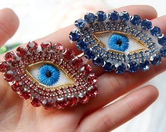 2 Pieces Embroidery Beaded Eye Sequined Applique Patch,Rhinestone Eyes Patch Supplies for Coat,T-Shirt,Costume Decorative Appliques Patch