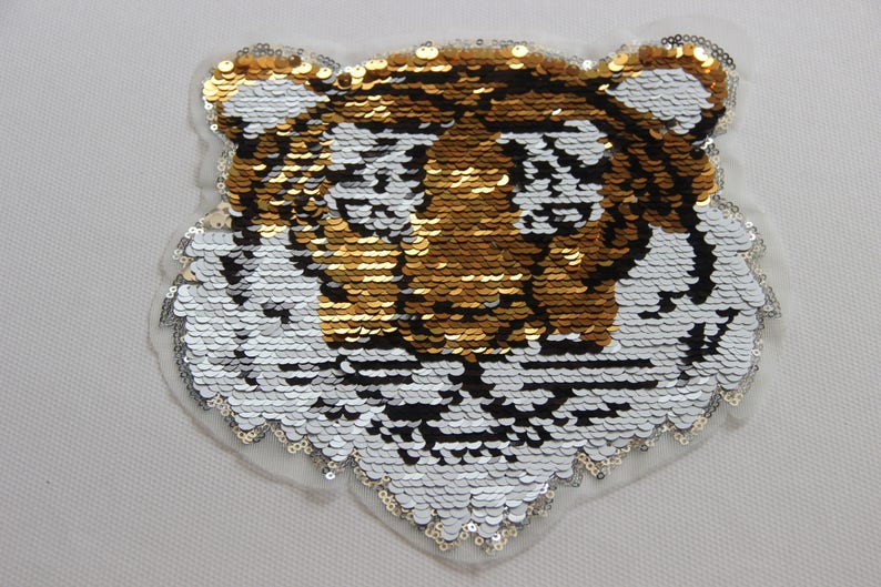 Tiger Head Sequined Applique Patch,Paillette Patch,Sequins Tiger Patch Supplies for Coat,T-Shirt,Costume Decorative Patches image 2