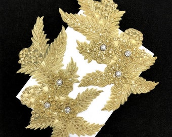 A Pair of Gold or Silver Embroidered 3D Flower Applique Patch,Vintage Floral Supplies Patch for Clothing or Dress Embroidery Appliques