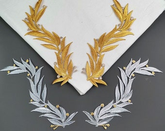 Un par de parches termoadhesivos bordados con hojas doradas o plateadas, suministros para parches de hojas bordadas para abrigos, camisetas o vaqueros.