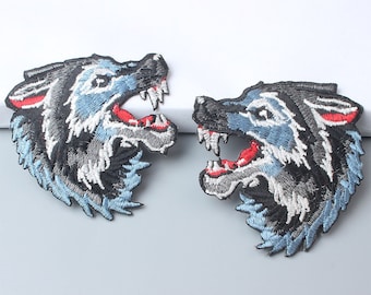 Um par de remendo bordado de cabeça de lobo, remendo de lobo vintage para roupas ou vestido, remendos decorativos de apliques bordados