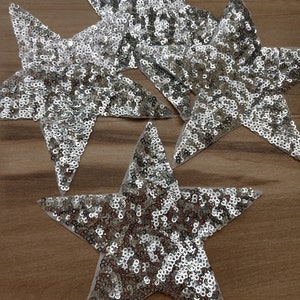 4 Pieces Silver Stars Iron on Sequined Applique Patch,Sequins Star Patch Supplies for Coat,T-Shirt,Costume Decorative Appliques Patches