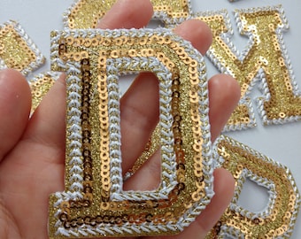Gold Letters Sequined Iron on Applique Patch,Sequins Embroidery Letter Patch Supplies for Coat,T-Shirt Decorative Iron on Patches