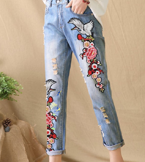 A Pair of Embroidered Cranes With Flowers Applique Patch embroidery Patches for T shirt jeans or Coat Decorative Embroidery Applique Patches Etsy