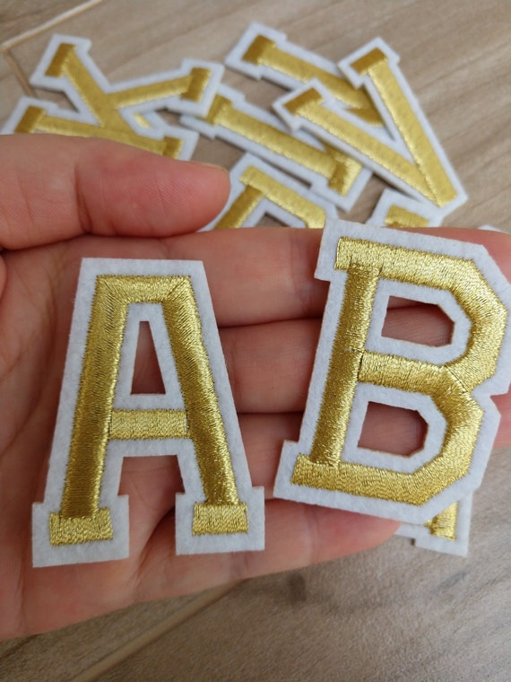 3 Embroidered Iron-On Letter Patches, Alphabet Appliques, Letter Patches  for Clothing, DIY Craft - Golden Yellow/White