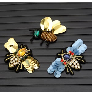 3 Pieces Embroidery Beaded Bee Sequined Applique Patch,Beaded Bees Patch Supplies for Coat,T-Shirt,Costume Decorative Appliques Patches
