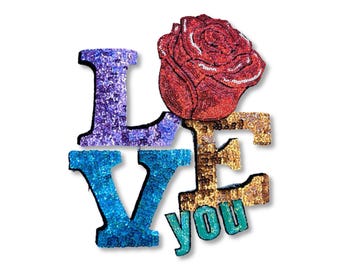 Naszywka z cekinami Love Sequin, cekinowe naszywki do płaszczy, koszulek i kostiumów, dekoracyjne naszywki z aplikacjami do prasowania