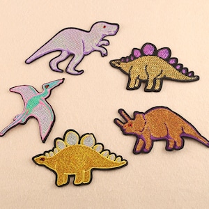 5 Pieces Dinosaur Embroidery Sequined Applique Patch,Sequins Patch Supplies for Coat,T-Shirt,Jeans Decorative Applique Patches
